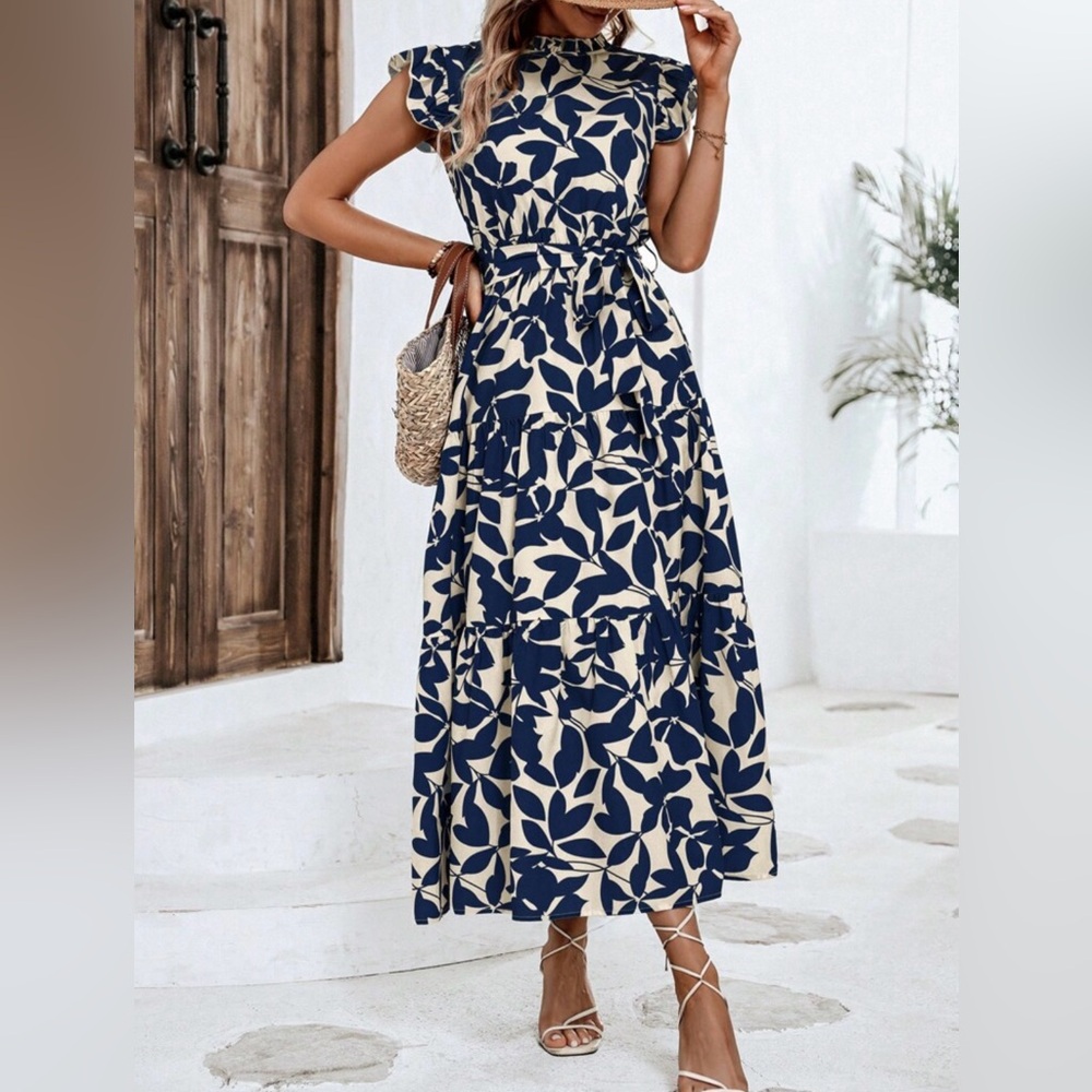 EUC Elegant Navy and Cream Floral Dress - Picture 3 of 6